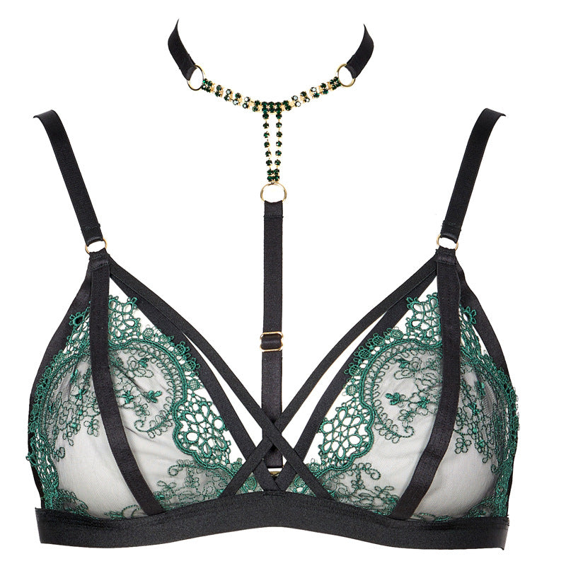 FREEDOMBEAUTY | FQ2765T212 Delicate Green Embroidery Black Mesh Removable Diamond Chain Neck Triangle Cup Thong Set