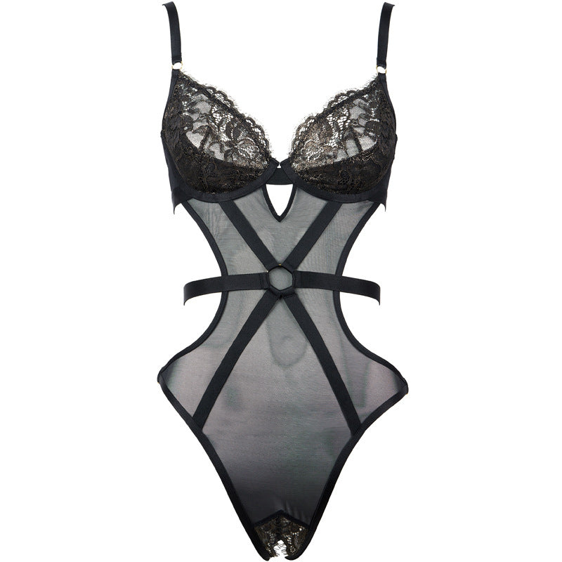 Freedombeauty | FQ2789 bronzing thread black background lace with steel rim open crotch onesie fun perspective mesh female hip sexy