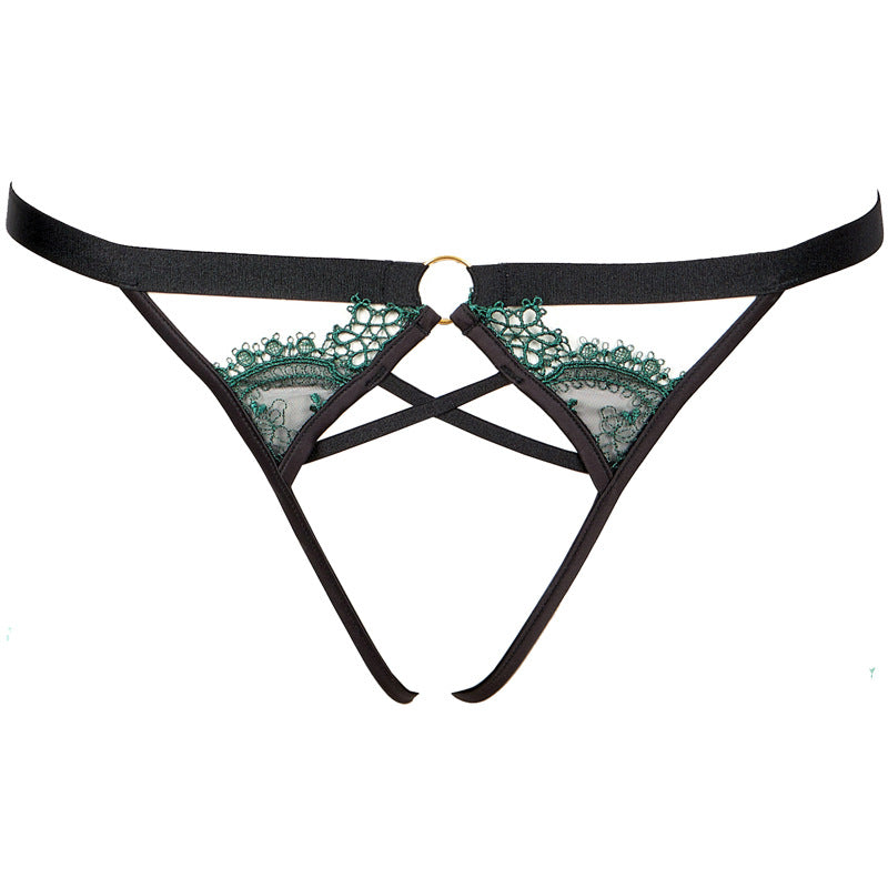 FREEDOMBEAUTY | FQ2765T212 Delicate Green Embroidery Black Mesh Removable Diamond Chain Neck Triangle Cup Thong Set
