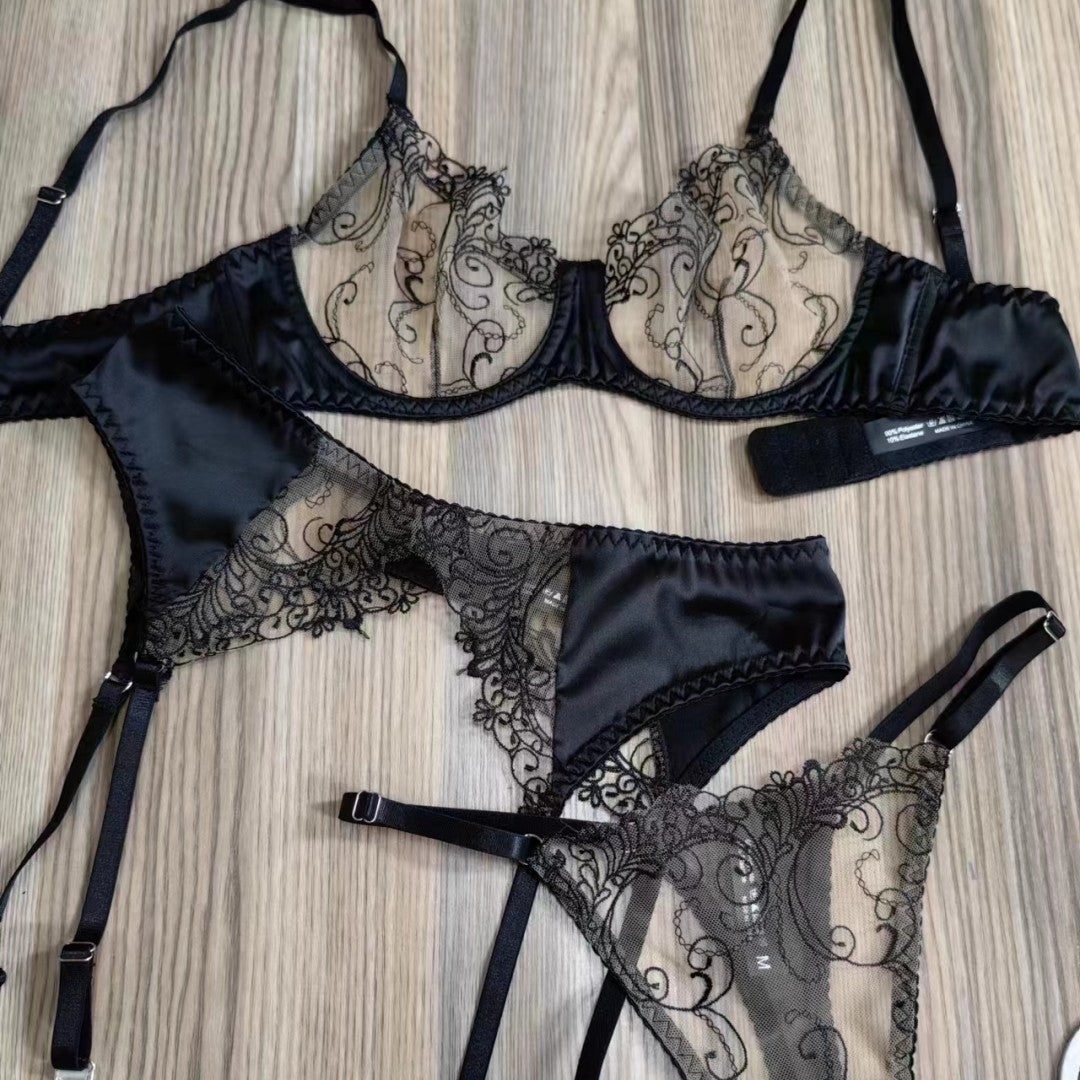 FREEDOMBEAUTY | Sexy sex underwear French ultra-thin transparent lace underwear large breasts small anti-sagging bra three-piece set