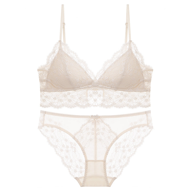 FREEDOMBEAUTY | Summer Sexy Lace Underwear Women's French Thin Thin Shoulder Strap Underwear Triangle Cup Steel Rim Free Bra Set