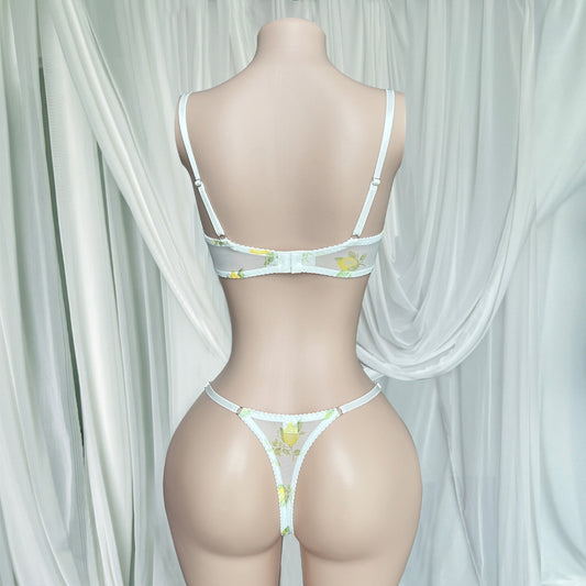 FREEDOMBEAUTY | lemon print mesh bra set, love button thong two-piece set
