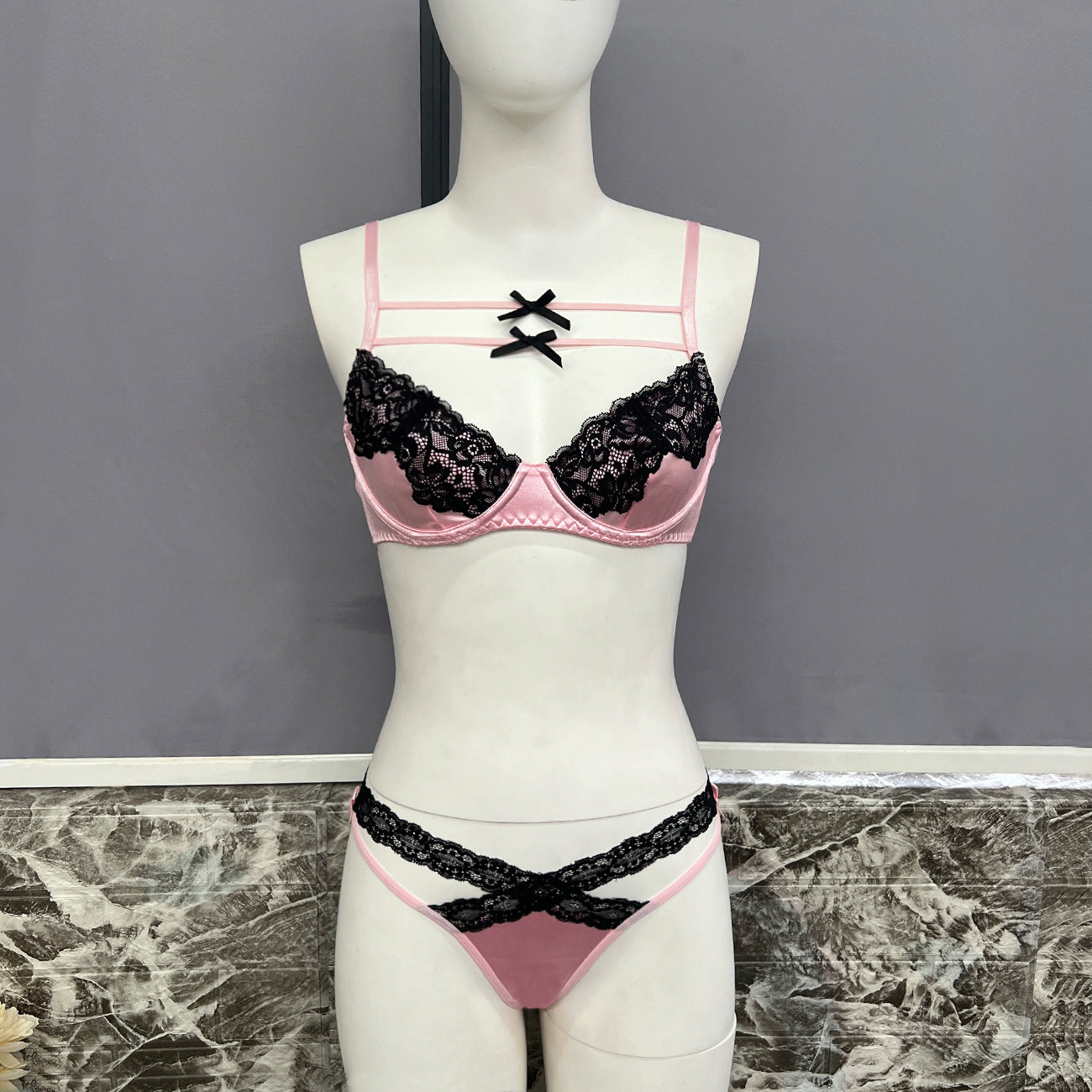 freedombeauty|Cute Pink Ladies Lace Bra and Thong Underwear Set