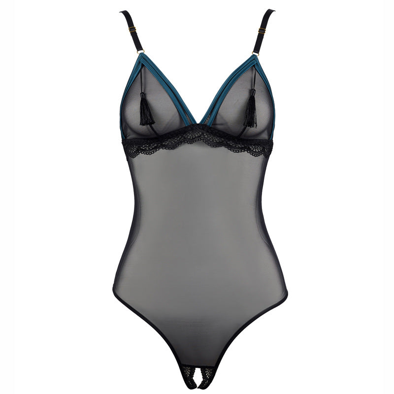 FREEDOMBEAUT | FQ2703 Satin hemming mesh tassel rimless onesie sex women open crotch and hip lace edge cross-border
