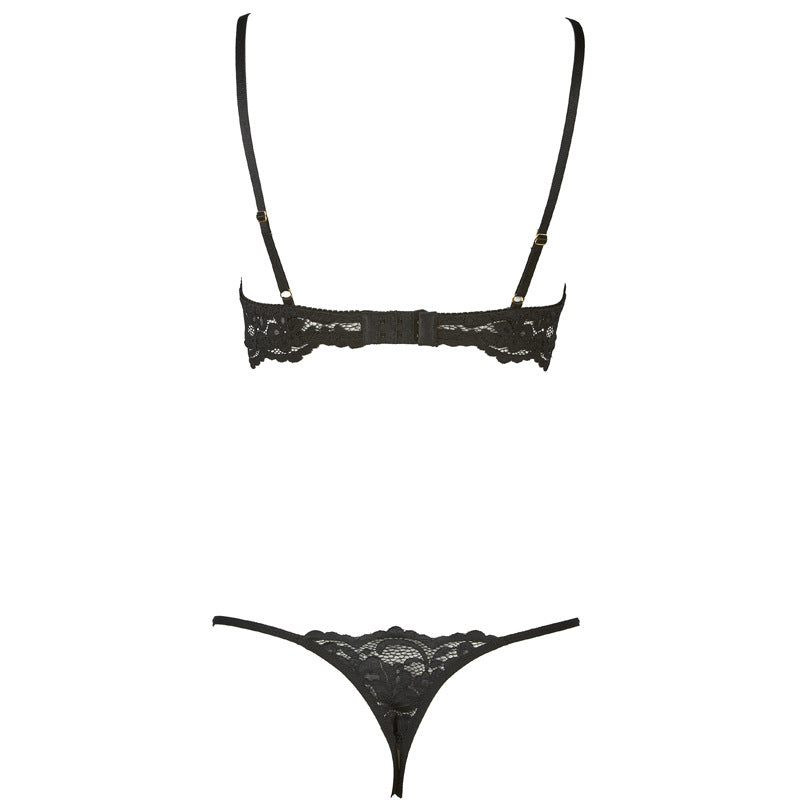 FREEDOMBEAUTY | FQ2680 Black Lace Dirty Hollow Bra Low Waist Open Crotch Free Panties Sex Underwear Set Women's Suspender