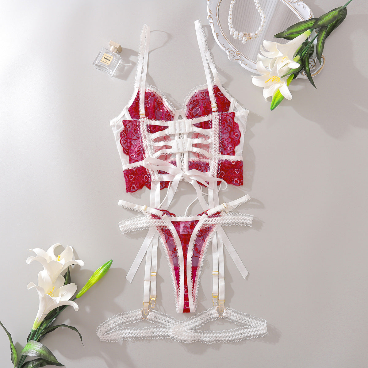Freedombeauty | New sexy contrasting bra set hollow perspective body sculpting heavy craftsmanship sexy underwear three-piece set