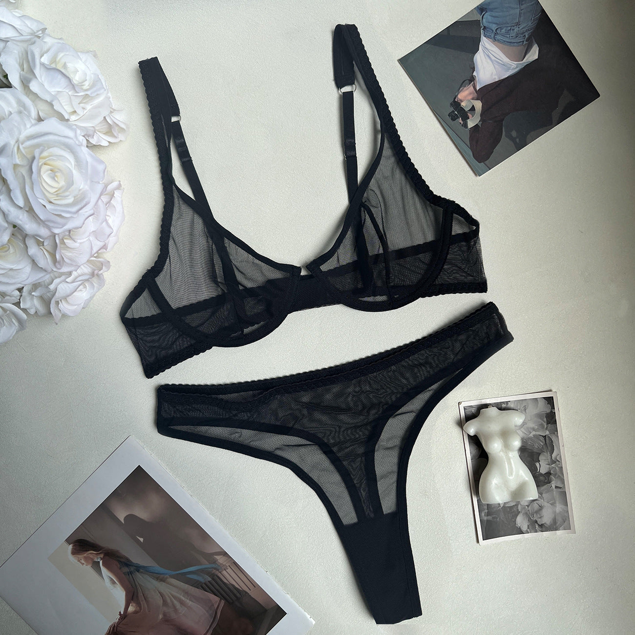 FREEDOMBEAUTY | Sexy leopard print underwear French bra ultra-thin mesh sex set perspective