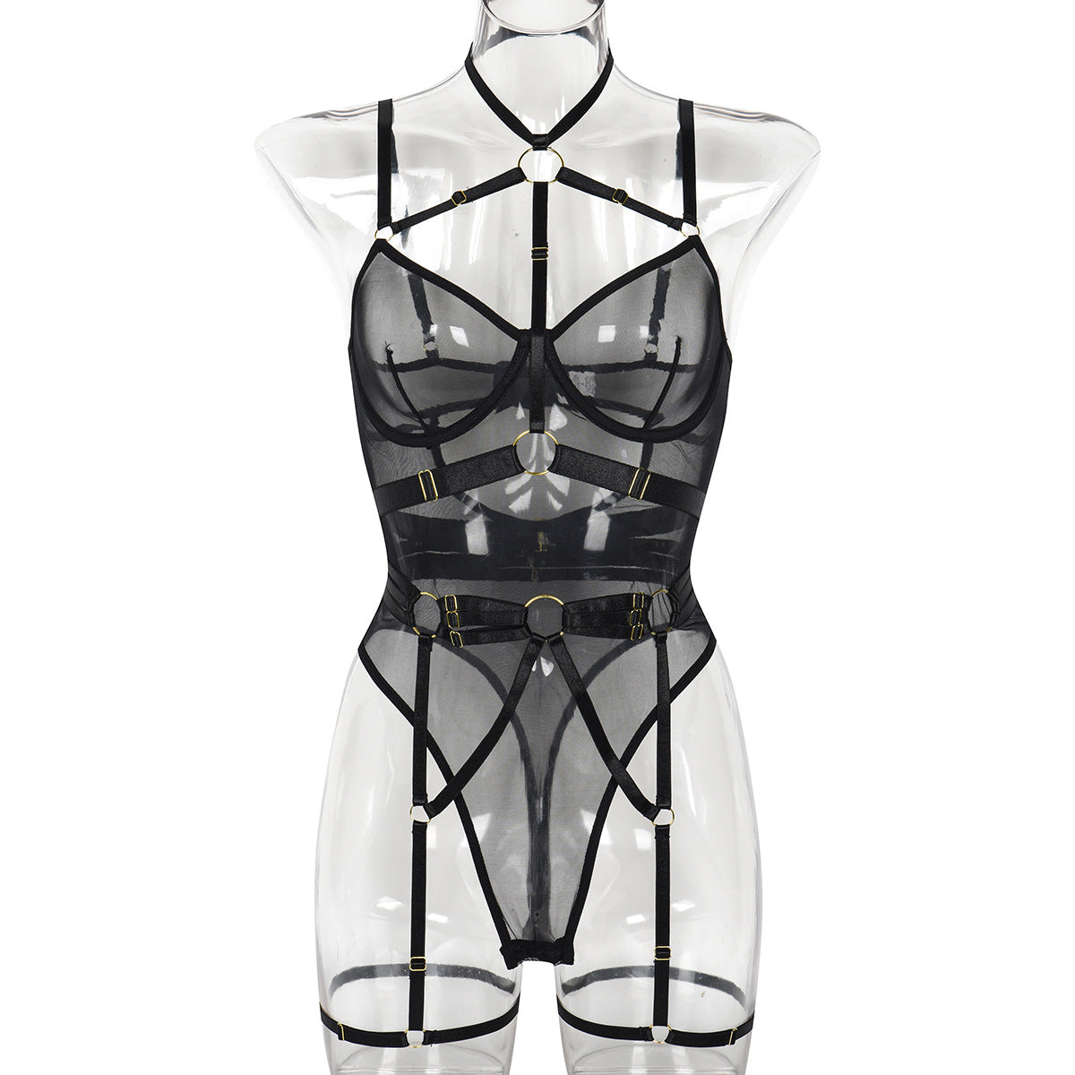 FREEDOMBEAUTY | Cross-border European and American new leopard print perspective mesh yarn strap sex underwear with steel ring sexy shapewear onesie 3342