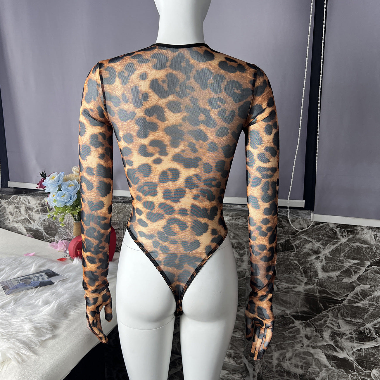 freedombeauty|Fun leopard print bodysuit outerwear onesie with gloves onesie