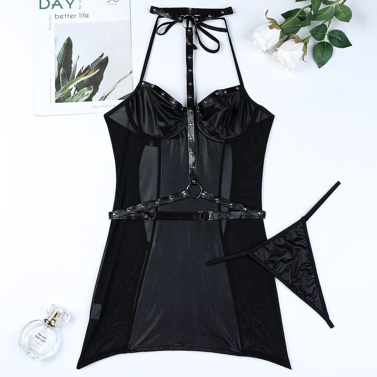 FREEDOMBEAUTY | Black micro-elastic soft leather non-PU patent leather, locomotive-type metal nails hanging neck, waist and hip skirt two-piece set 3619
