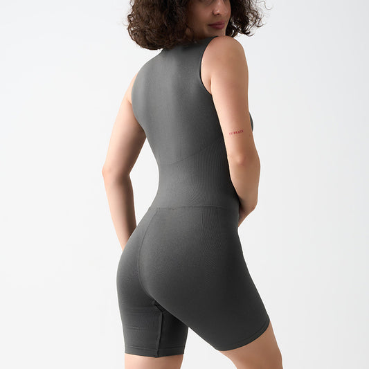 Freedombeauty | Cross-border zipper seamless body sculpting yoga jumpsuit belly lift hip running fitness body short-sleeved jumpsuit