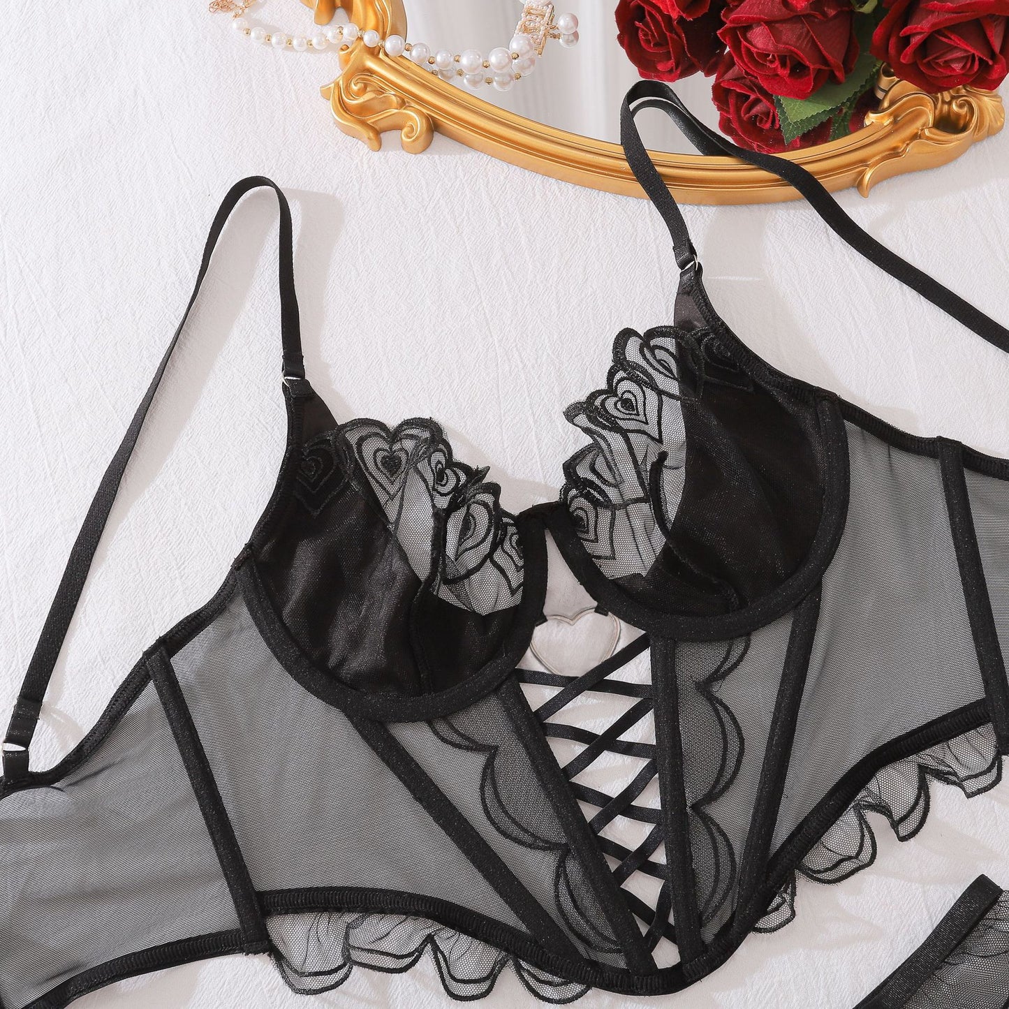 Freedombeauty | New two-piece love-embroidered perspective mesh sexy underwear thong set