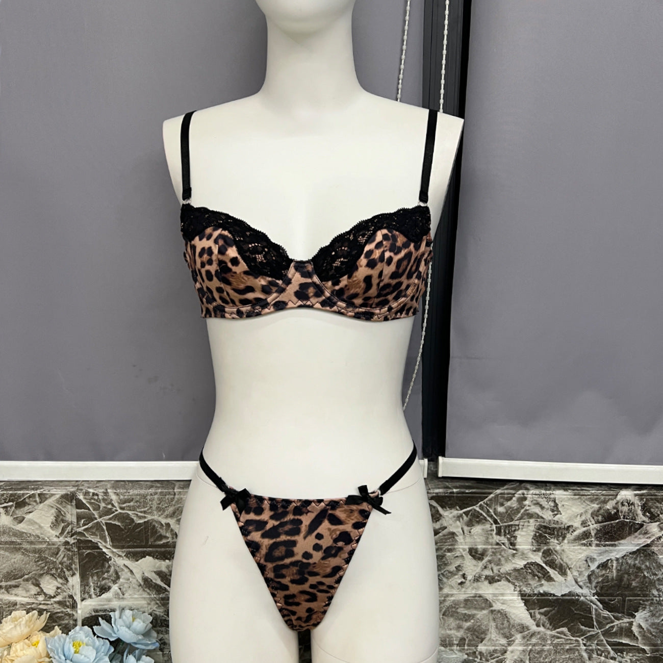 freedombeauty|Sexy leopard print underwear French bra ultra-thin mesh lace splicing sex set