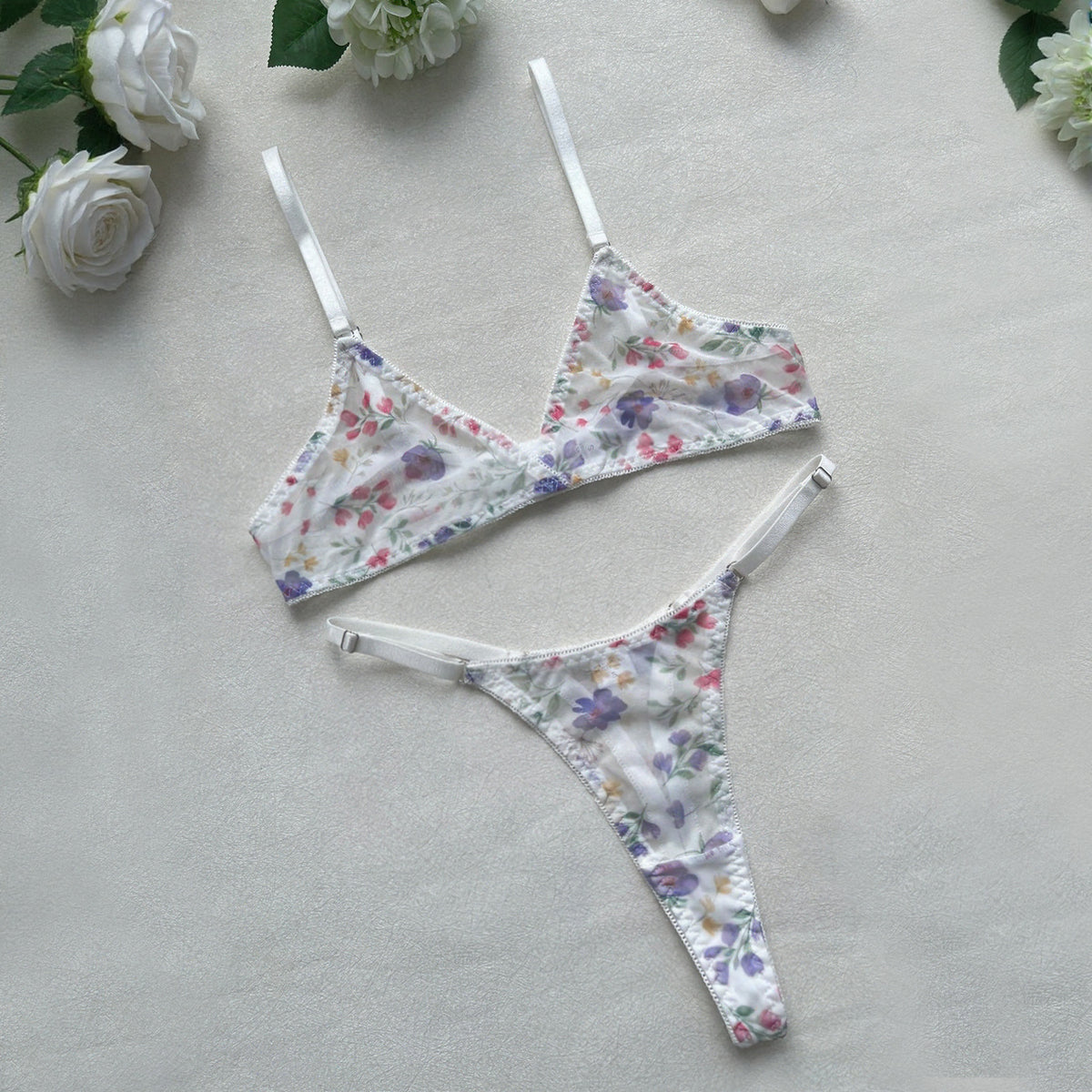 FREEDOMBEAUTY | Cross-border floral triangle cup sex set, light and breathable thong, women's underwear two-piece set
