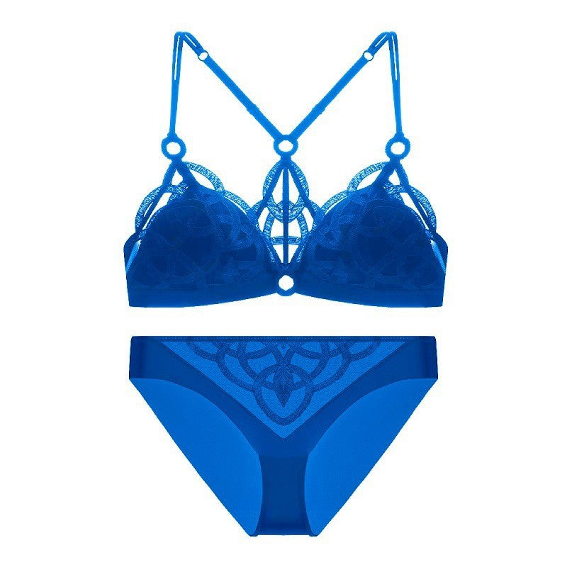 FREEDOMBEAUTY | French sexy back underwear women's big breasts show small large size underwear set thin mesh embroidered steel-rimless bra