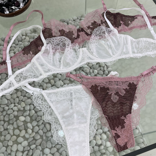 FREEDOMBEAUTY | Thin steel rim lace underwear French ultra-thin sexy big chest small bra gather bra set Sexy bra