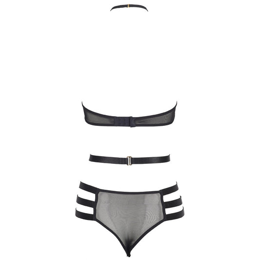 Freedombeauty | FQ2727 neck lace steel rim high waist panties European and American black sexy suit harness lingerie