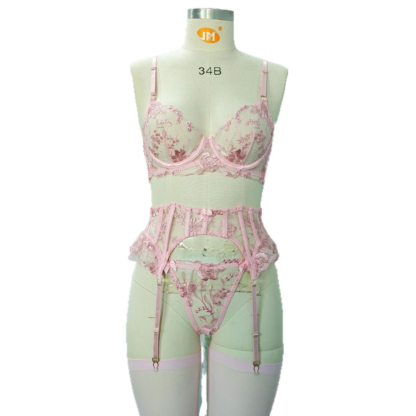 FREEDOMBEAUTY | European and American style foreign trade cross-border new fashion pink flower embroidery garter stockings bow bra set women