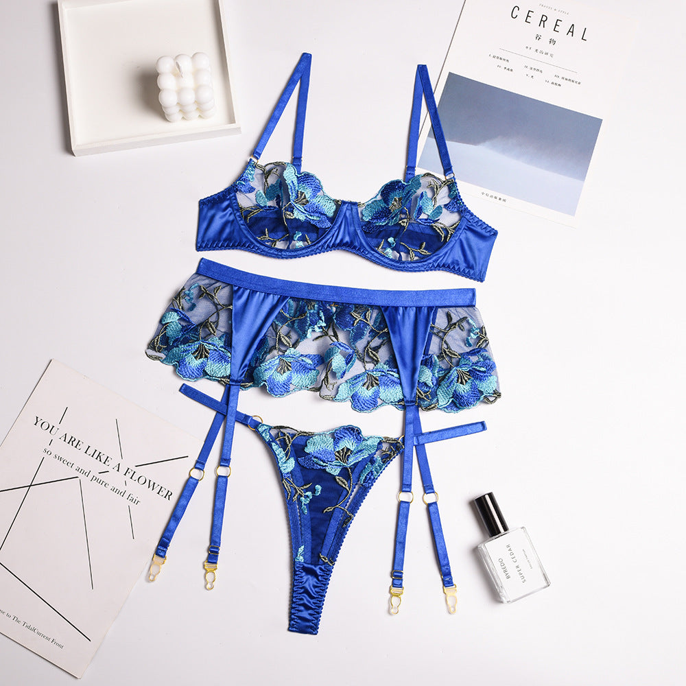 FREEDOMBEAUTY | INS new erotic underwear set, flower embroidery three-piece set with steel ring Holy Blue Muse 3101