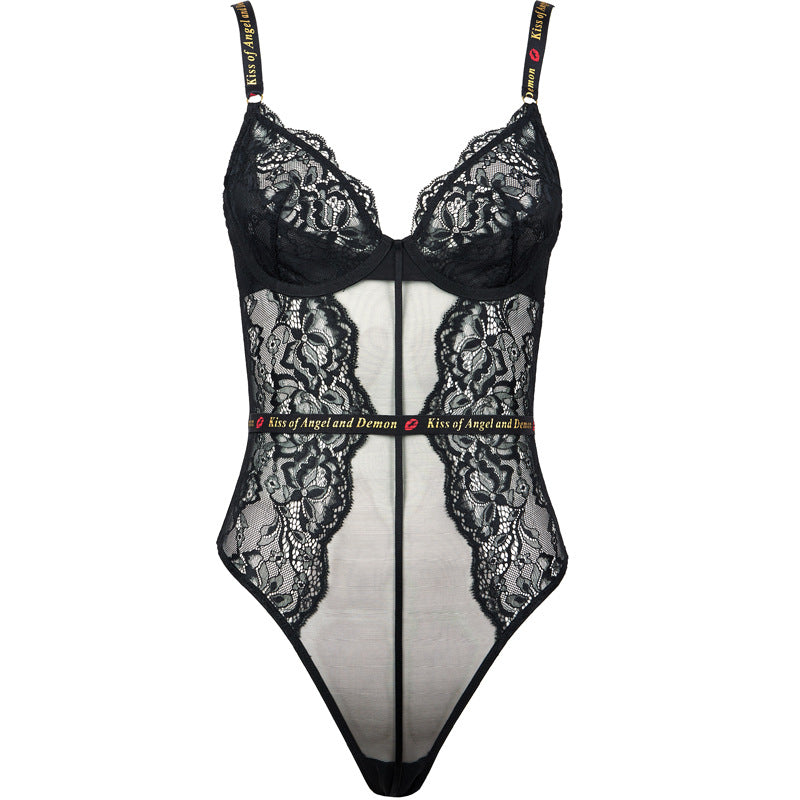 FREEDOMBEAUT | FQ2807 Letter with open crotch set steel ring bra onesie neck lace mesh perspective seduction black