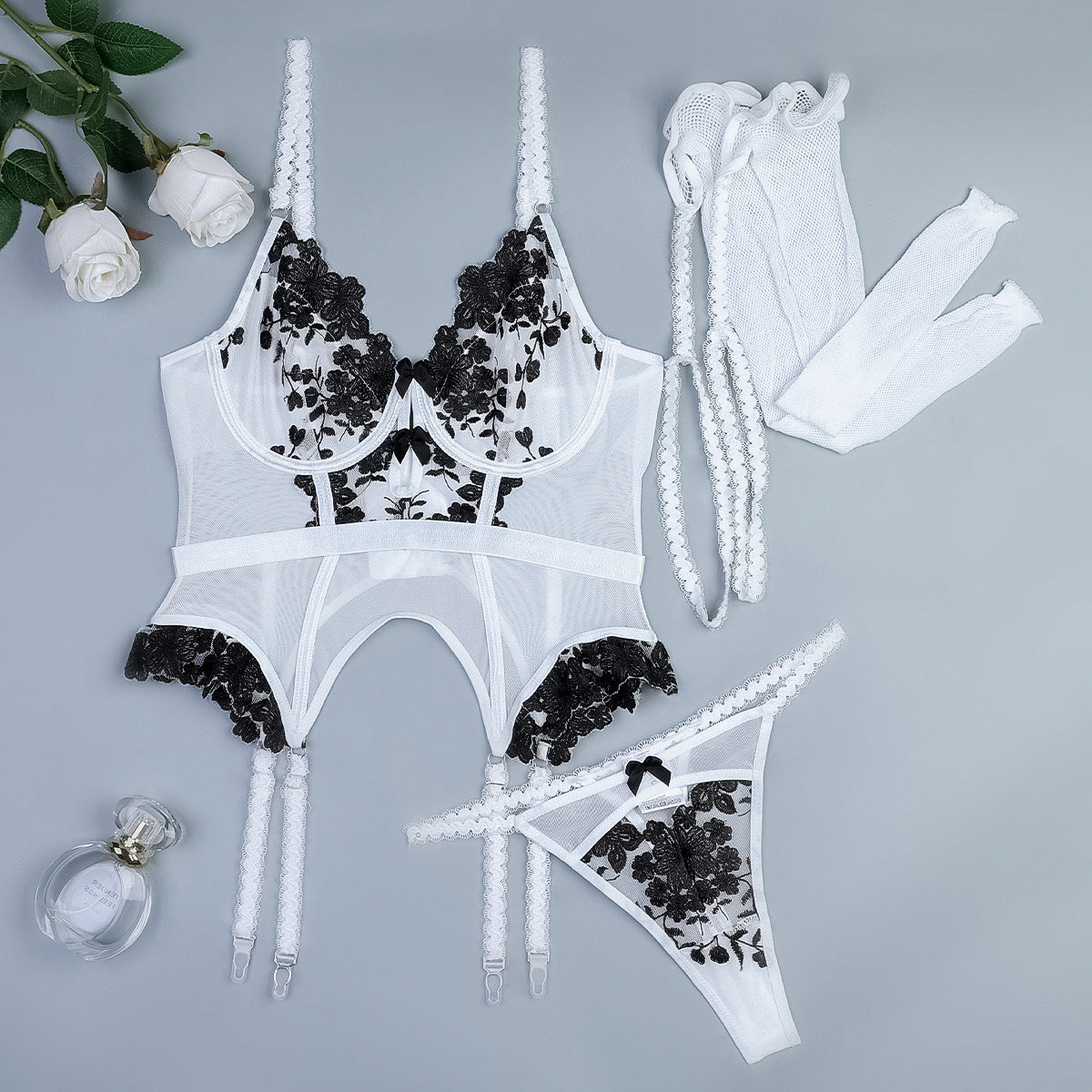 FREEDOMBEAUTY | Long net socks with legs beautifully embroidered flowers black and white splicing playful waist suspender three-piece lingerie 3576