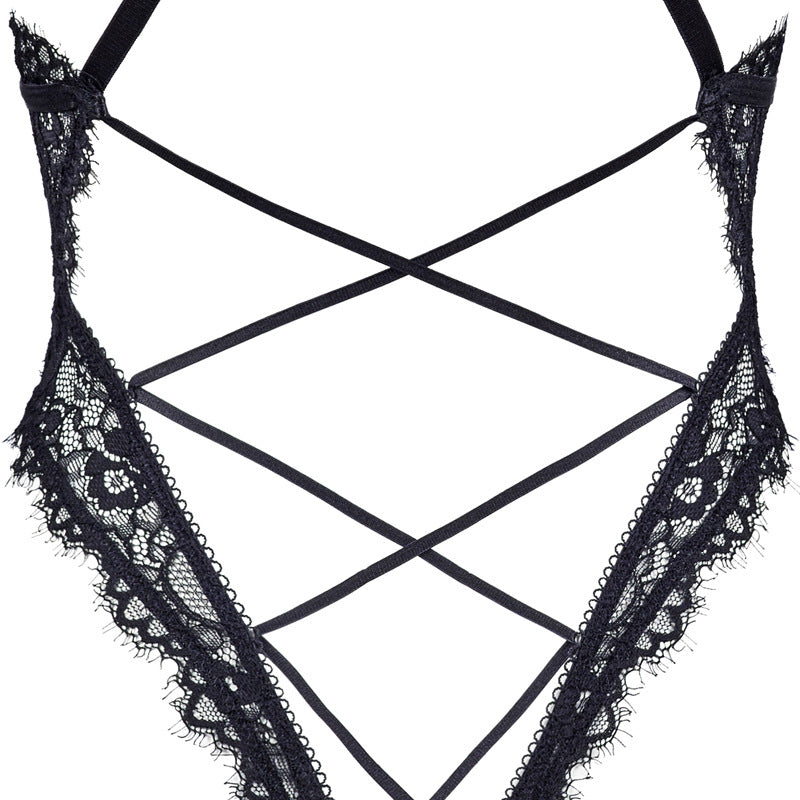 FREEDOMBEAUTY | FQ2718 Elastic Eyelash Lace Deep V Cross Strap Halter Black Sexy Sexy High Forked onesie