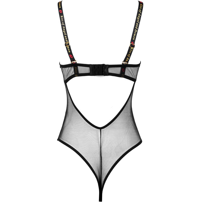 FREEDOMBEAUT | FQ2809 Steel rim lace light gathering mesh splicing onesie cotton crotch open buckle underwear fashion wear black