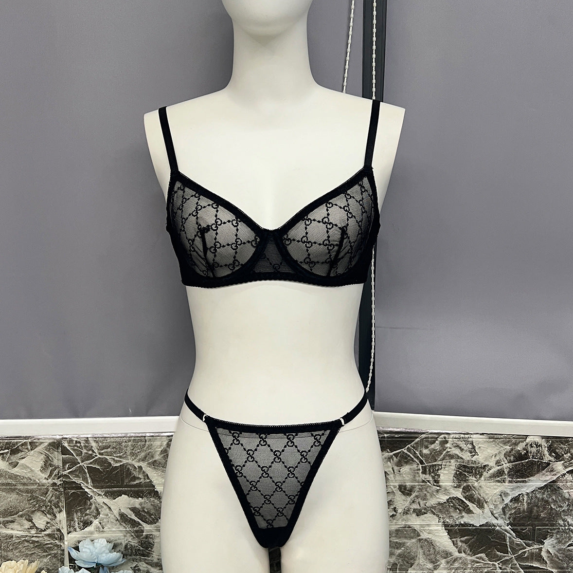 freedombeauty|Sexy underwear French bra ultra-thin mesh sex set