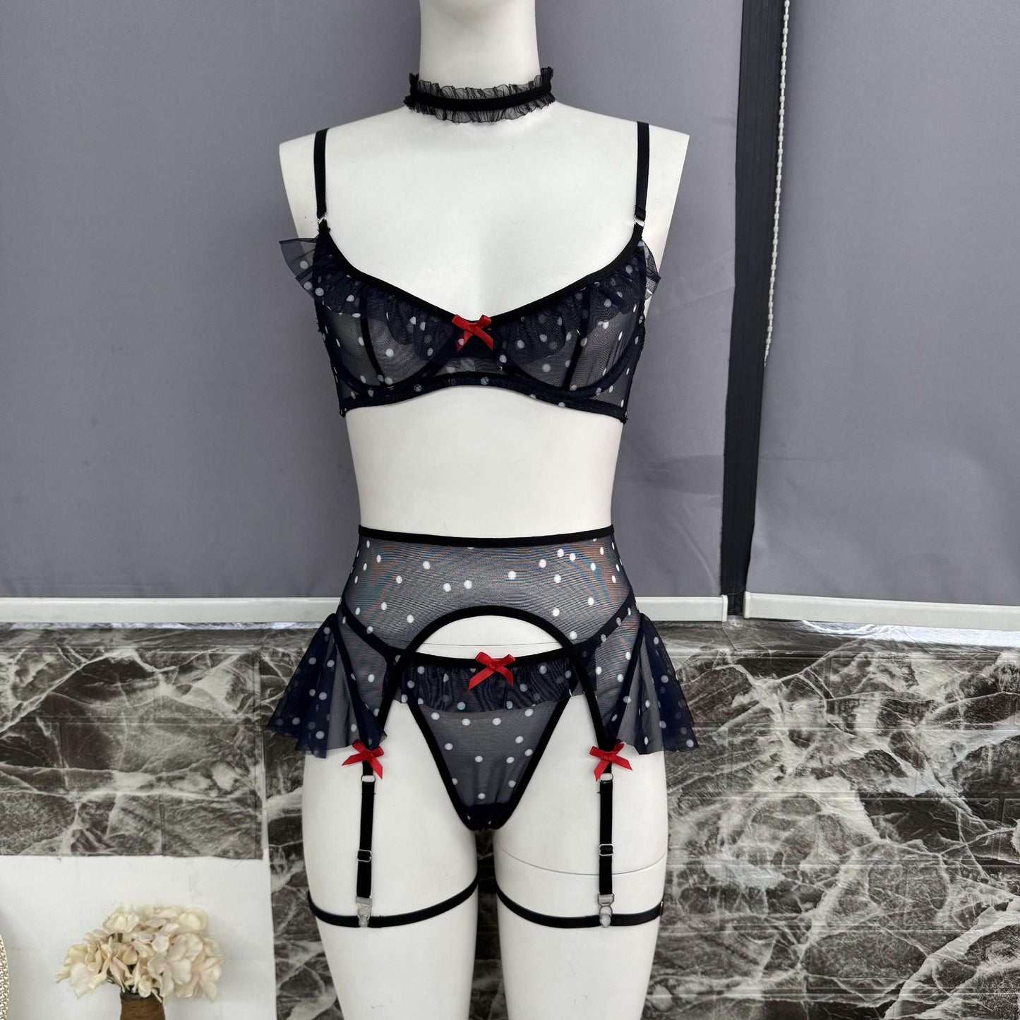 FREEDOMBEAUTY | Russian mesh girl sexy low-cut polka-dot ruffle edge sexy suspender onesie women's lingerie