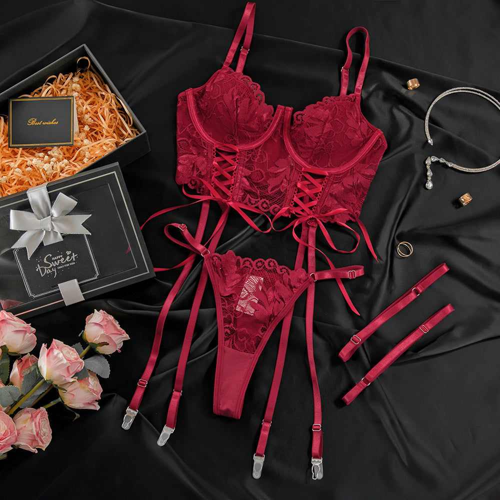 FREEDOMBEAUTY | European and American foreign trade sexy suspender vest corset lace half cup fishbone steel ring gathering strap comfortable underwear