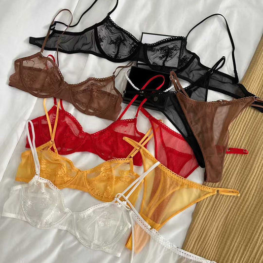 FREEDOMBEAUTY | Foreign trade ultra-thin underwear sexy lace jacquard big chest small bra cross-border trousers bra set Lingerie