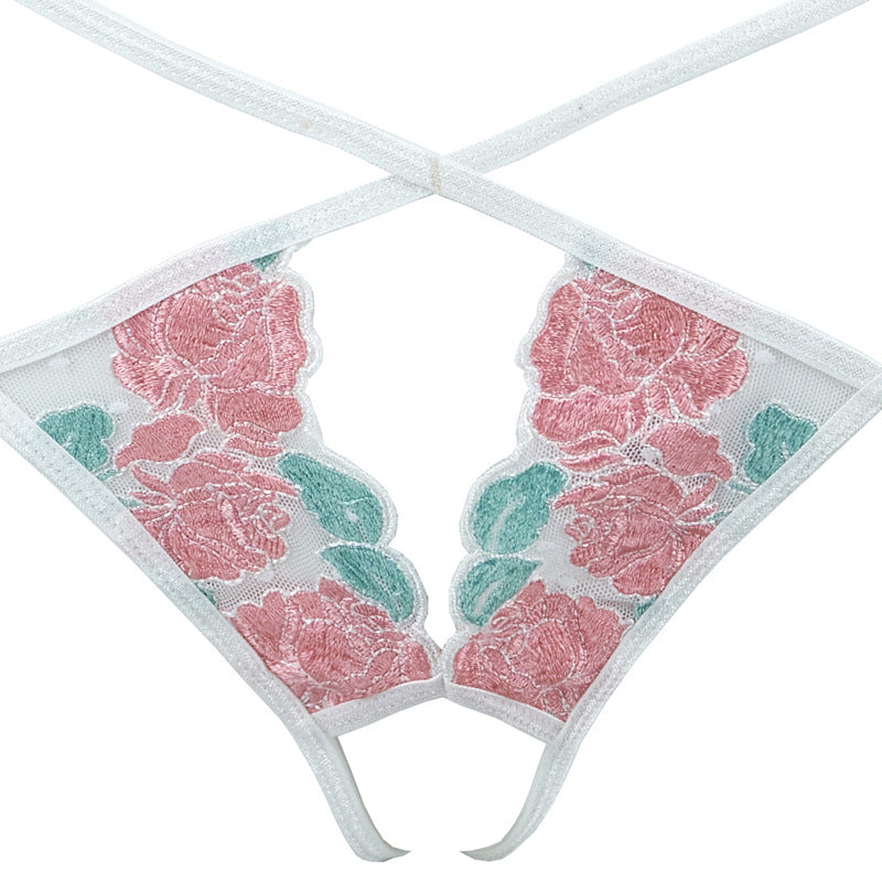FREEDOMBEAUTY | FJ306 Rose Embroidery Polka Dot Mesh Steel Torch Open Crotch Set Hollow Sexy Pure Lust Bra Ladies White