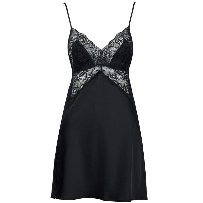 FREEDOMBEAUTY | FQ2806 Sexy Ladies Perspective Pajamas Straps Halter Lace Satin Skirt Simulation Silk V-Neck Black Comfortable