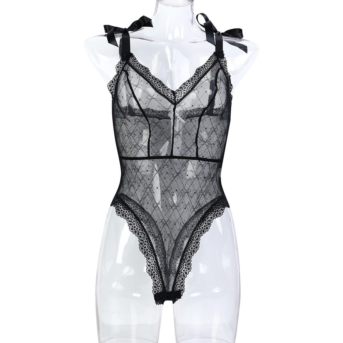FREEDOMBEAUTY | European and American erotic underwear thin soft elastic bow lace simple shoulder strap open onesie 3768