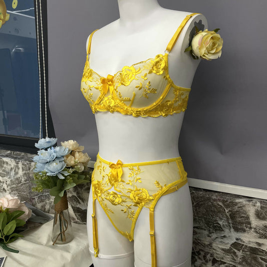 freedombeauty|Fashion Heavy Industry Star Embroidery Sexy Lace Up Suspender Underwear Kit