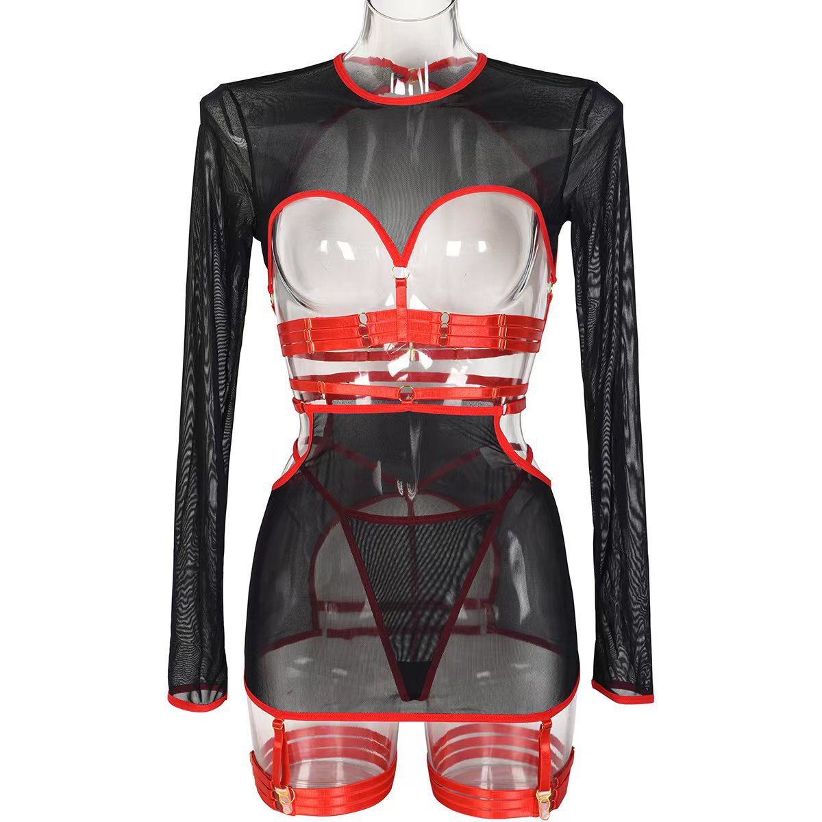 FREEDOMBEAUTY | AliExpress INS underwear 5-piece set sexy hollow straps personalized long-sleeved top with leg rings 3317