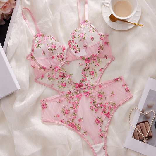 FREEDOMBEAUTY | Sexy tights mesh flower embroidery hollow perspective gathering bra sex onesie