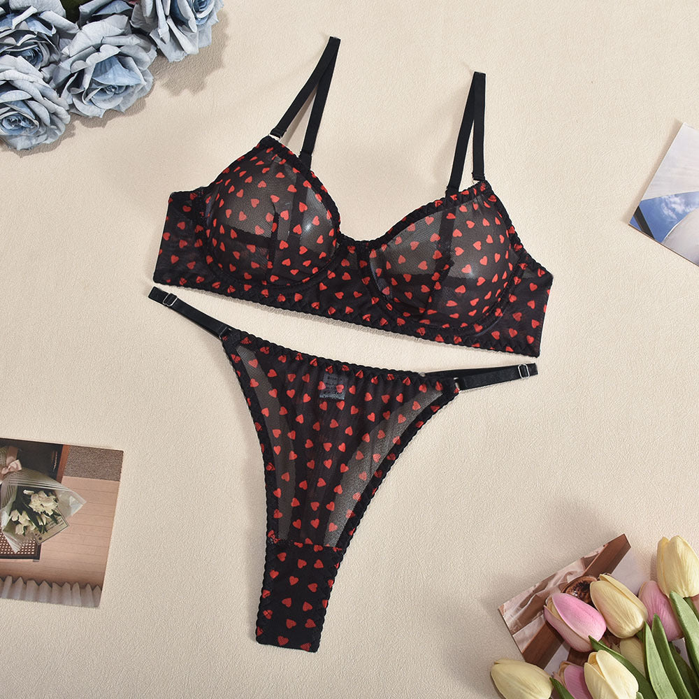 FREEDOMEBEAUTY | Popular set of sex underwear four seasons underwear love printing temptation 2-piece set of lace sexy hollow