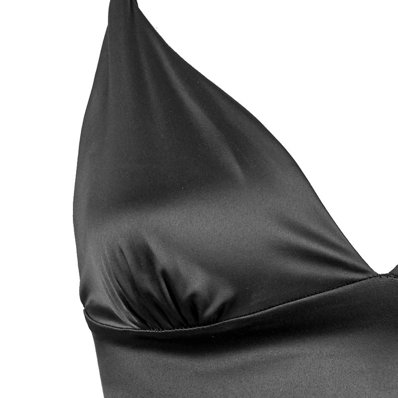 Freedombeauty | FQ2719 Quality Elastic Satin Triangle Cup Outer Wear Vest Mid Waist Lace Briefs Pajama Set Black