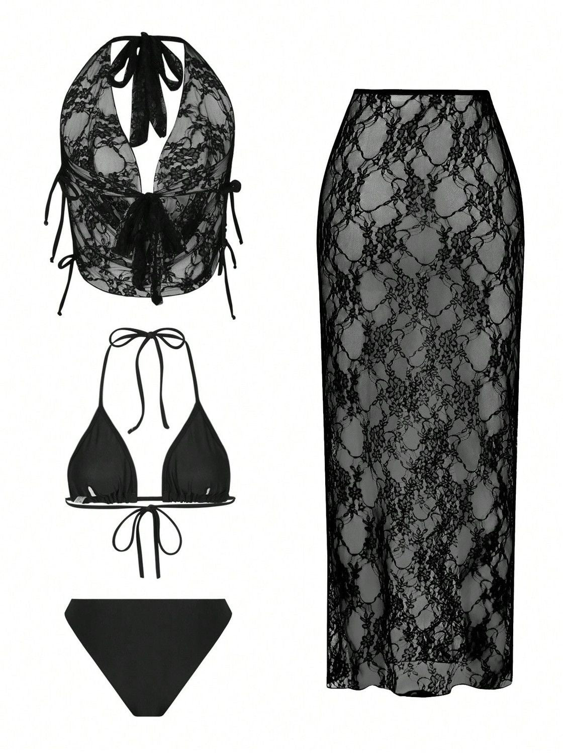 FREEDOMBEAUTY | New swimsuit women's sexy lace three-piece swimsuit women's bikini neck blouse vacation swimsuit