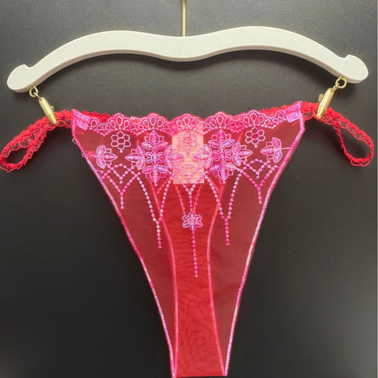 FREEDOMBEAUTY | Sexy transparent red mesh embroidered women's thong three-color matching lace lace crotchless light