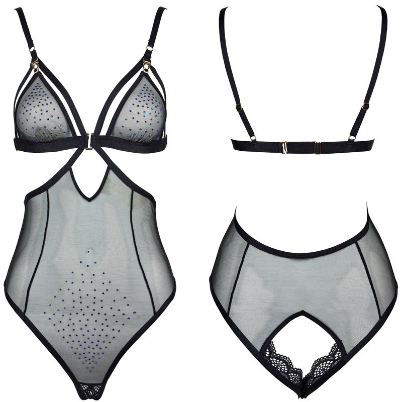 FREEDOMBEAUT | FQ2849 Tulle Hot Diamond Perspective Hollow-free Open Crotch onesie Pure desire sexy suspender pajamas