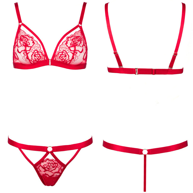 FREEDOMBEAUTY | FQ2787 neck diamond chain rose embroidery red French triangle cup hollowed out sexy low-rise T-pants women's cross-border