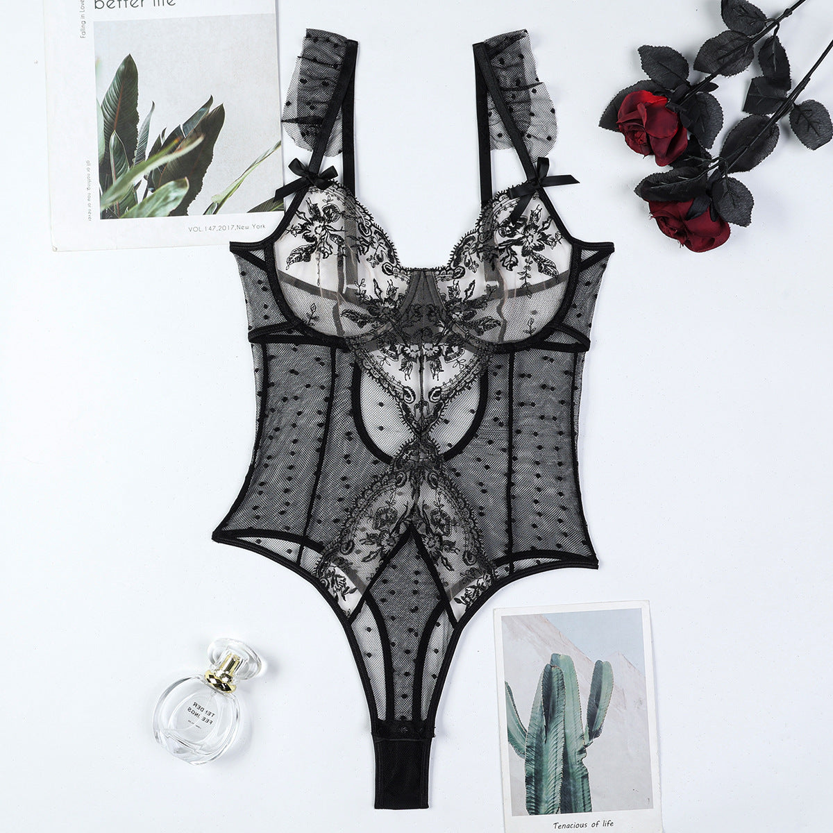 FREEDOMBEAUTY | Black flower embroidered polka dots hollow perspective sexy lingerie unique cutting open onesie women 3739