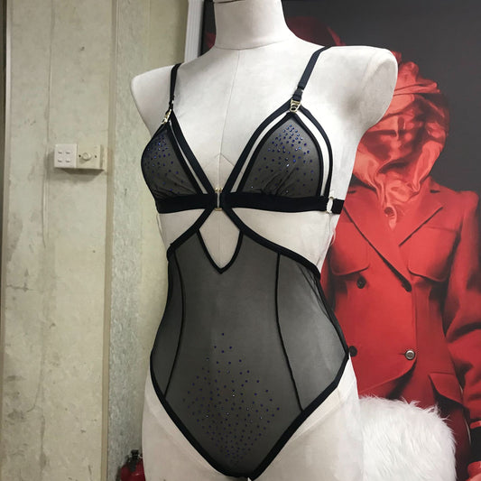 FREEDOMBEAUT | FQ2849 Tulle Hot Diamond Perspective Hollow-free Open Crotch onesie Pure desire sexy suspender pajamas