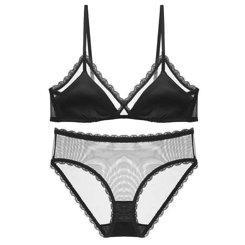 FREEDOMBEAUTY | Summer Sexy Underwear French Pure Desire Triangle Cup Steel Rim Free Bra Glossy Lace Small Breasts Gathering Underwear Set