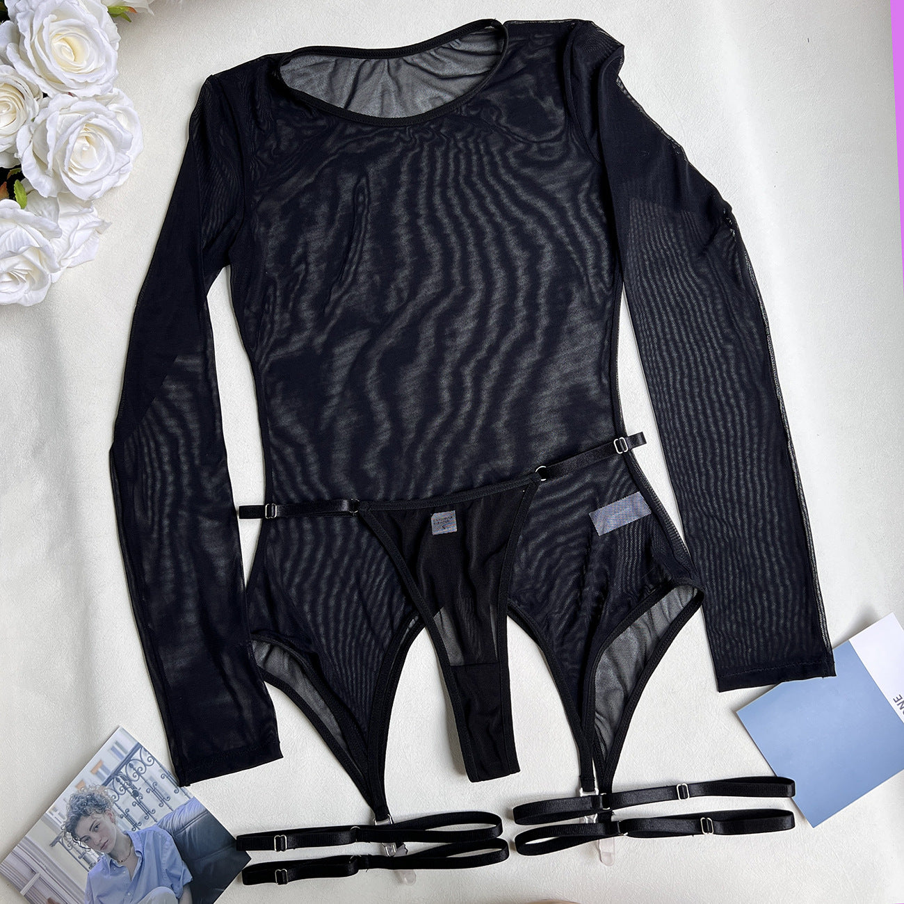 freedombeauty|Stylish and sexy mesh see-through onesie shorts long-sleeved turtleneck mesh transparent onesie top
