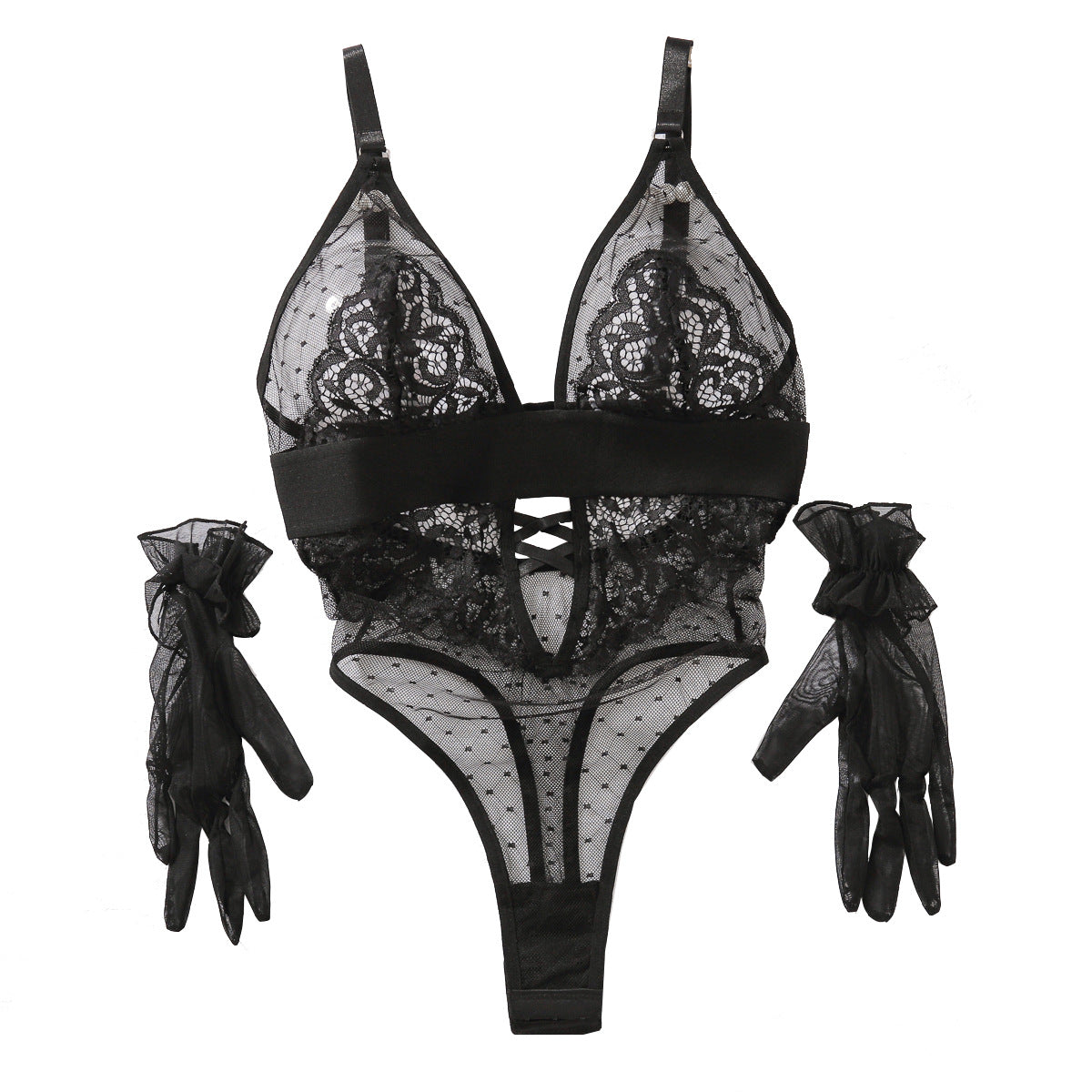 Freedombeauty | Sexy polka dot mesh lace splicing low-cut steel-free sex onesie set can be opened crotch