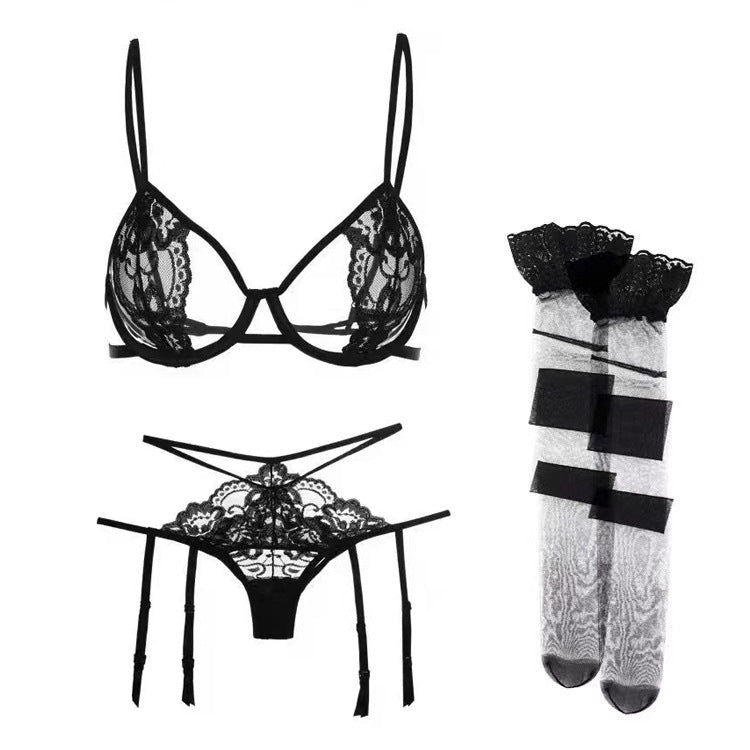 FREEDOMBEAUTY | FQ2599 bella hollow lace bra hip panties thin strap sexy seduction suit women's garter belt cross-border