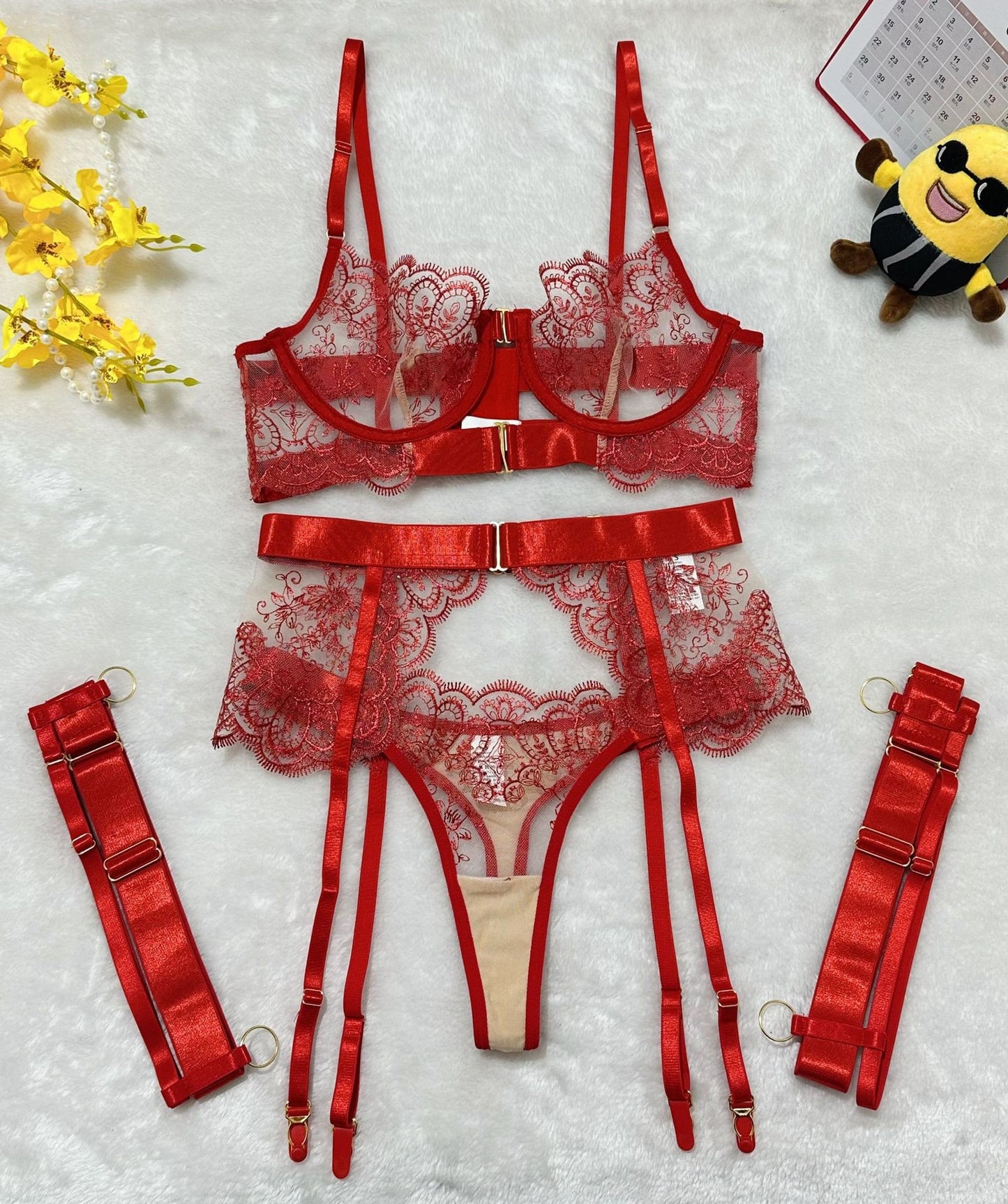 Freedombeauty | New embroidery lingerie embroidery eyelash lace perspective sexy four-piece set
